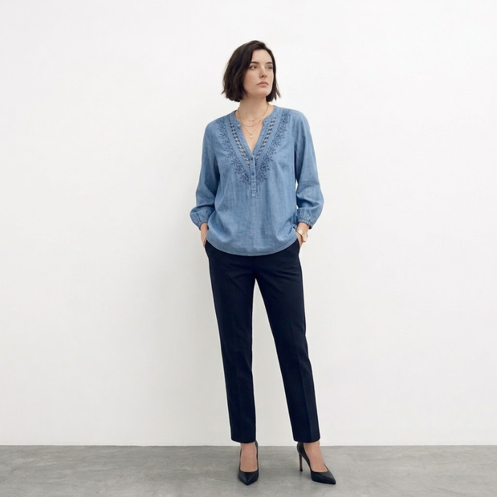 Blue loose-fitting blouse with V-neck
