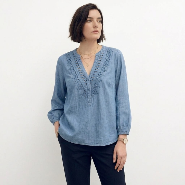 Blue loose-fitting blouse with V-neck