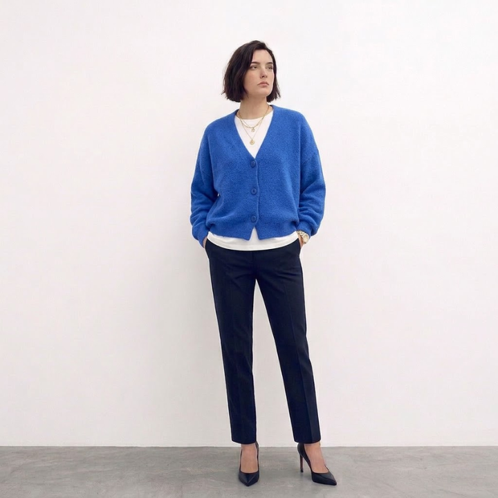 Cobalt blue v-neck cardigan with button closure