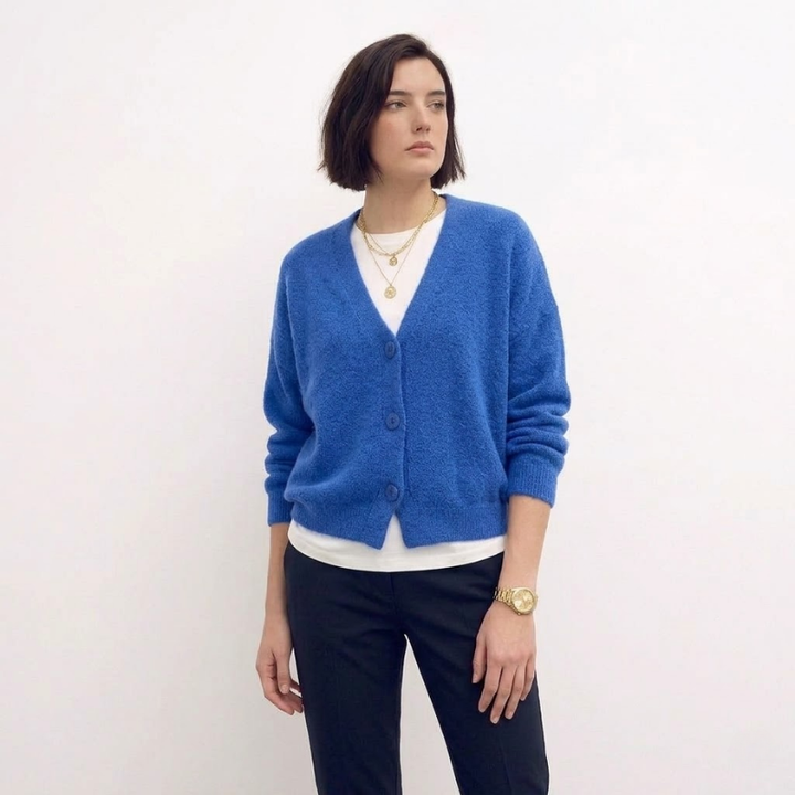 Cobalt blue v-neck cardigan with button closure